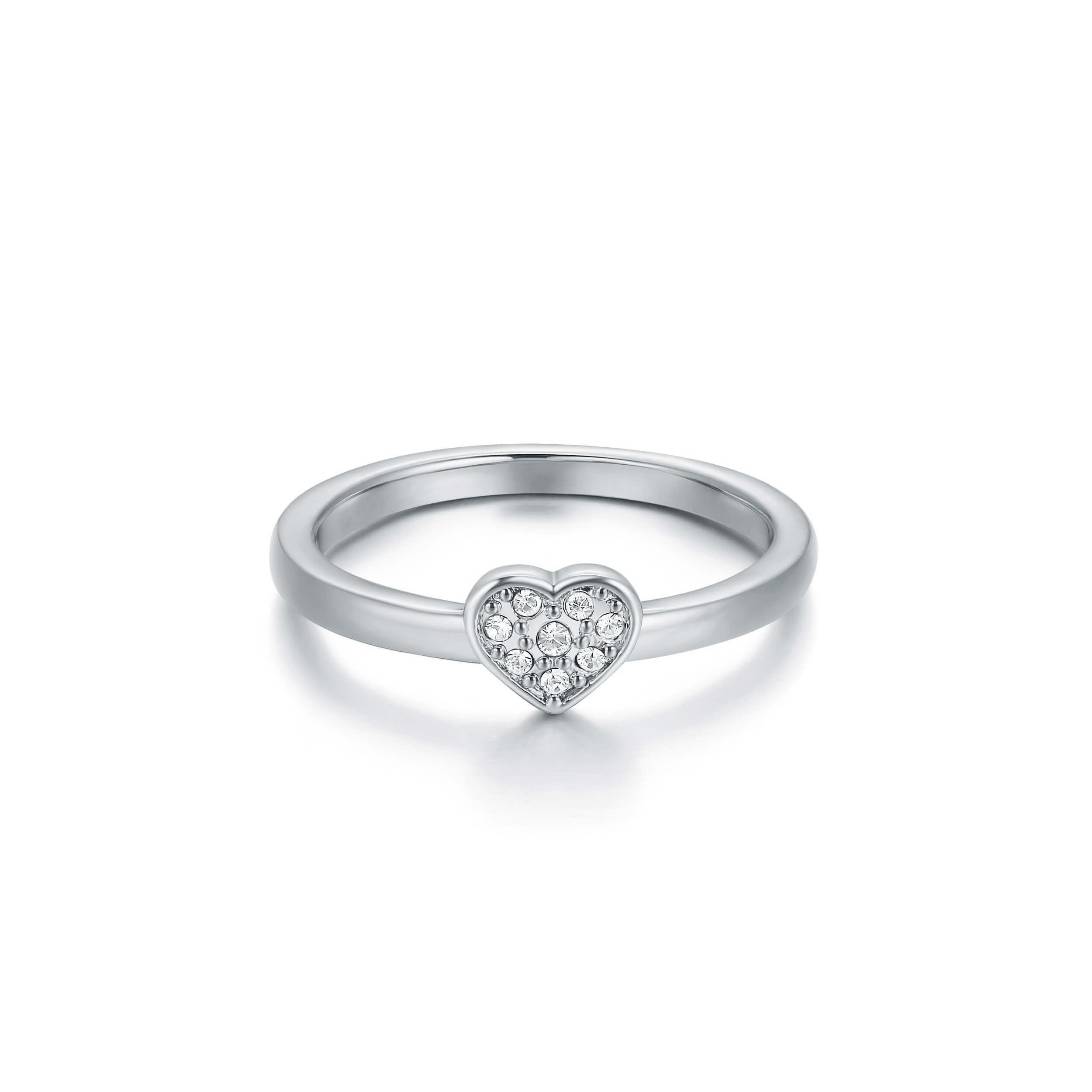 Minimalist Heart Stud Ring with Swarovski Crystals Rhodium Plated