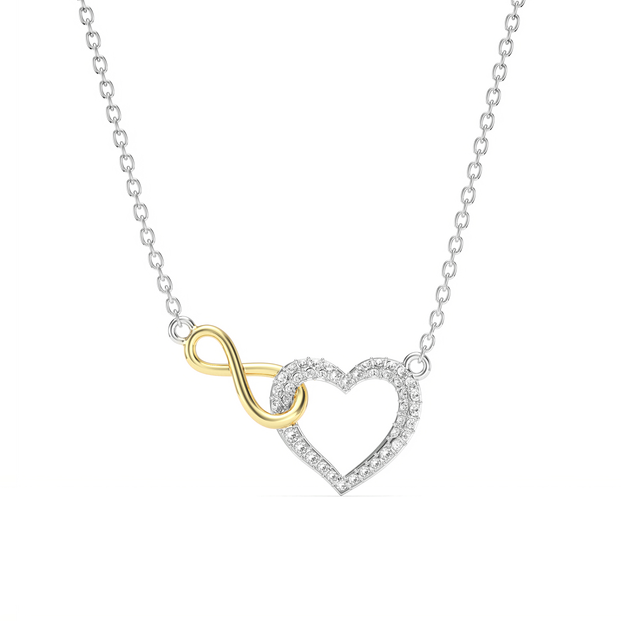 Interlocked Infinity and Heart Necklace Clear Crystals Dual Tone Plated