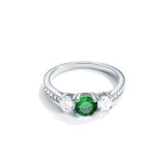 Attract Trilogy Ring with Emerald and Clear Cubic Zirconia Rhodium Plated