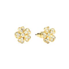 Cherry Blossom Flower Stud Earrings Clear Crystals Pave Gold Plated