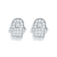 Hamsa Hand CZ Pave Stud Earrings in Sterling Silver Rhodium Plated