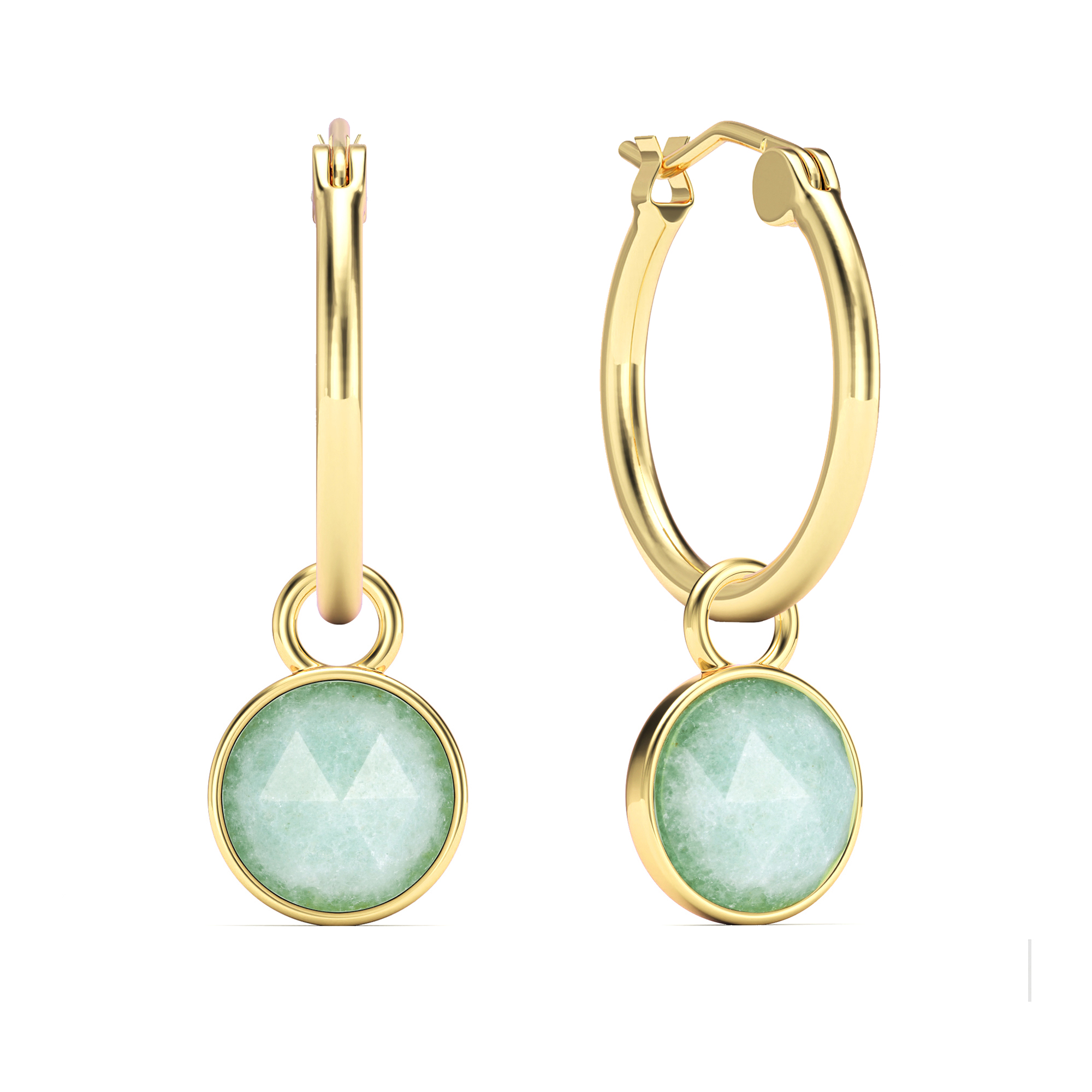 Round Rose Cut Green Aventurine 18mm Hoop Drop Earrings Gold Plated
